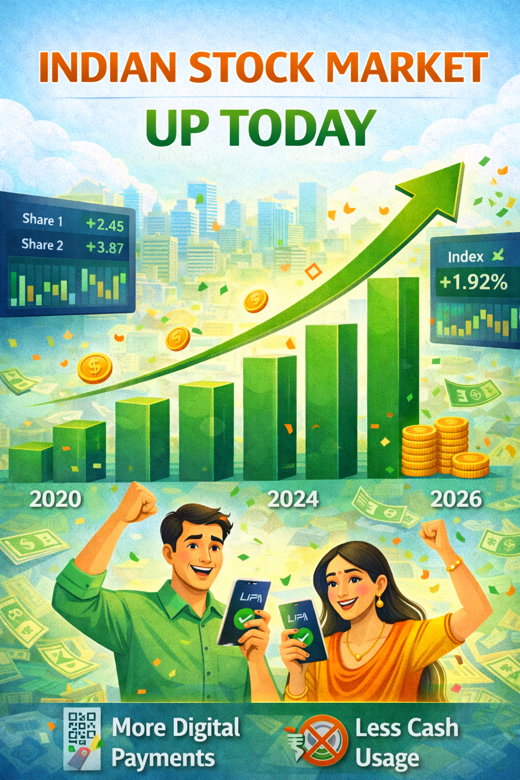Indian stock market up today showing green upward trend chart